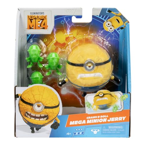Minions Despicable Me 4 - Crash & Roll Mega Jerry Action Figure | Jerry Turns Into A Ball to Roll and Crash Into Roaches | Collect All 5 | All with A Different Play Feature and Accessories