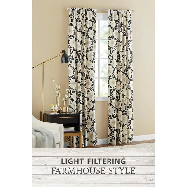 Mainstays Farmhouse Beige Floral Light Filtering Rod Pocket Panel Pair, 76" x 84"