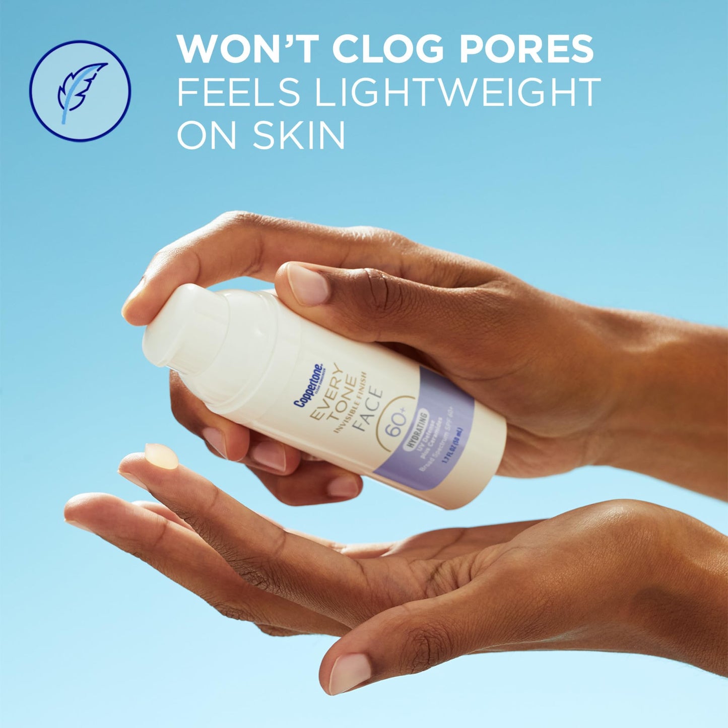 Coppertone Every Tone Invisible Finish Hydrating UV Defense Face Sunscreen SPF 60+ with Ceramides, Lightweight, Blends in Clear Sunscreen for All Skin Tones, 1.7 Fl Oz Pump Bottle