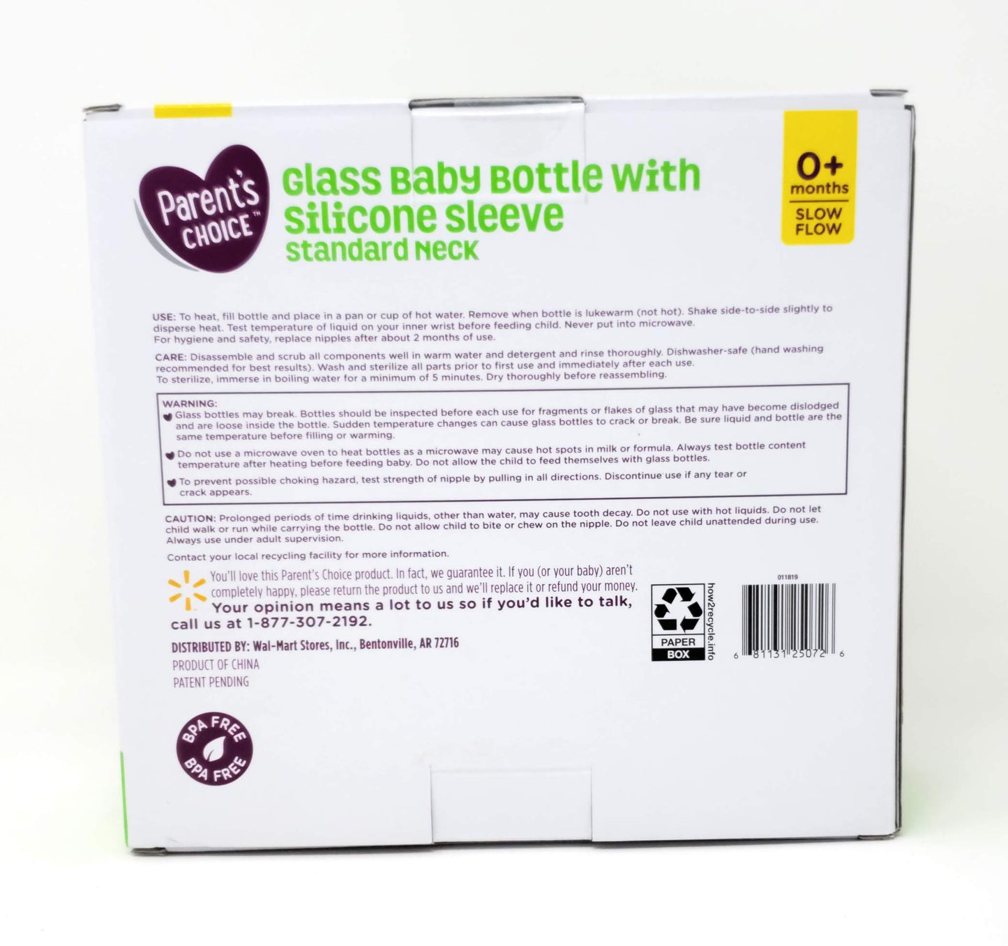 Parent's Choice Glass Baby Bottles 3 Pack Slow Flow 0+ Standard Neck 9 oz New