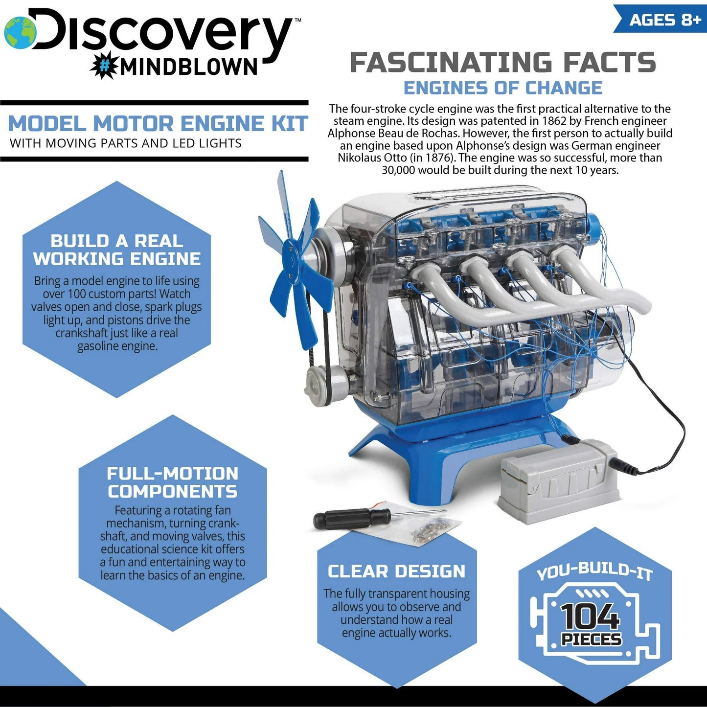 Discovery Kids MINDBLOWN Model Engine Kit DIY Mechanic Four Cycle Internal Combustion Assembly Construction Comes W Valves Cylinders Hardware More Encourages STEM Creativity Critical Thinking
