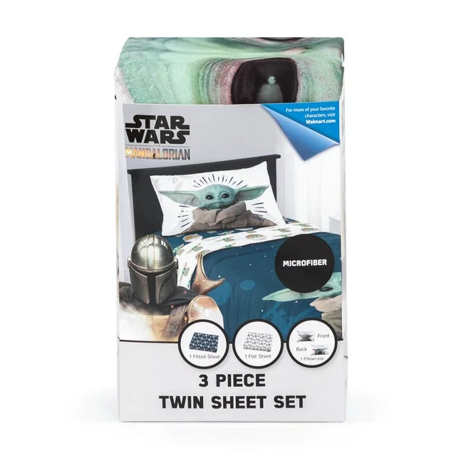Baby Yoda Powerful Child 3-Piece Kids Twin/Full Sheet Set, Microfiber, White, Star Wars