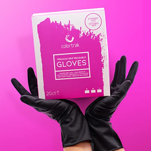 Colortrak Reusable Powder Free Latex Gloves, 20 Count, Multi-Use, Lightweight Latex, Textured Finish, Black Color Hides Stains, Reusable to Reduce Waste, Medium