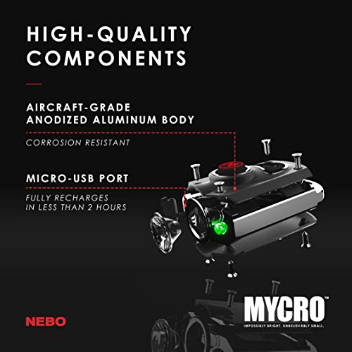 NEBO Mini Rechargeable Keychain Flashlight: Features 6 Unique Light Modes, Including 400 Lumen Turbo Mode and 3 LED Color Options; Easily Secured via Necklace, Lanyard or Keyring – MYCRO 6714 (Black)