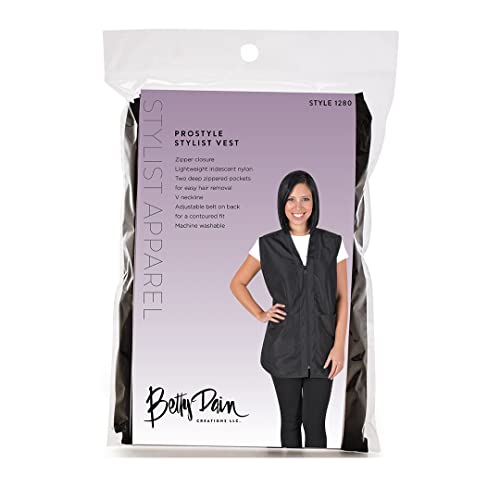 Betty Dain Professional Zip Front Salon Stylist Vest, V-Neck, Iridescent Fabric, Adjustable Belt, Two Lower Pockets with Zippered Bottoms, Lightweight, Machine Washable Nylon, Black, S