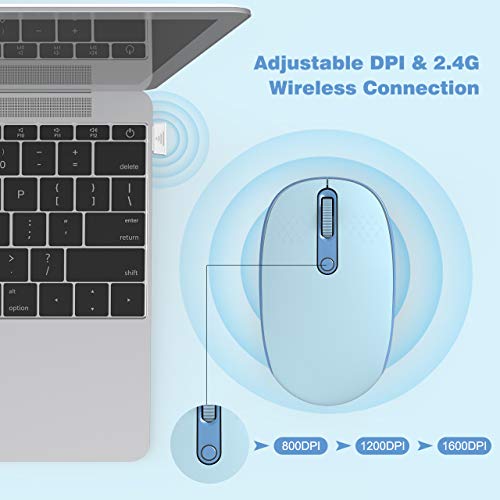 Wireless Mouse, RATEL 2.4G Ergonomic Computer Mouse for Laptop with USB Receiver, Portable Cordless Mice with 3 Adjustable DPI Levels for Windows, PC, Chromebook, MacBook, Linux(Light Blue