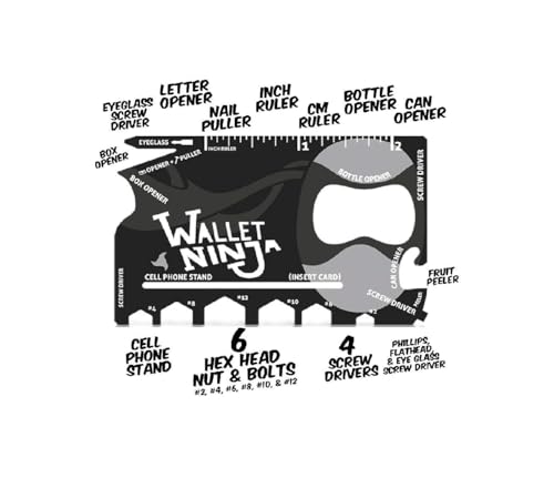 Wallet Ninja Multitool Card – 18 in 1 Credit Card Multi-Tool (Bottle Opener, Can Opener, Screwdrivers, Phone Stand & More) – Black