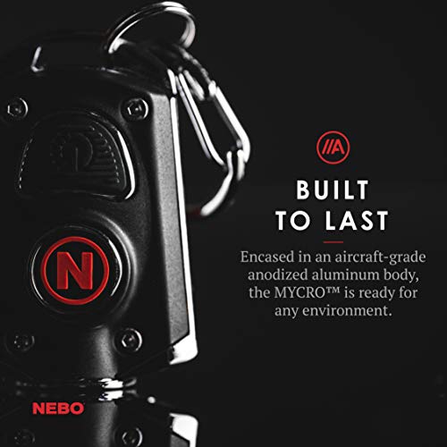 NEBO Mini Rechargeable Keychain Flashlight: Features 6 Unique Light Modes, Including 400 Lumen Turbo Mode and 3 LED Color Options; Easily Secured via Necklace, Lanyard or Keyring – MYCRO 6714 (Black)