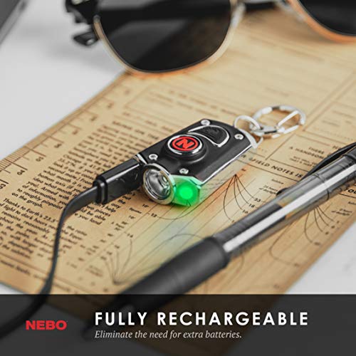 NEBO Mini Rechargeable Keychain Flashlight: Features 6 Unique Light Modes, Including 400 Lumen Turbo Mode and 3 LED Color Options; Easily Secured via Necklace, Lanyard or Keyring – MYCRO 6714 (Black)