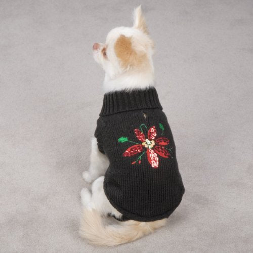 Zack & Zoey Acrylic Poinsettia Dog Sweater, XX-Small, Black