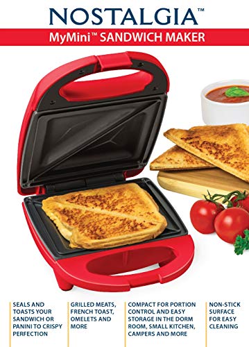 Nostalgia mini sandwich maker toaster compact for portion control seals and toasts sandwich panini maker (RED)