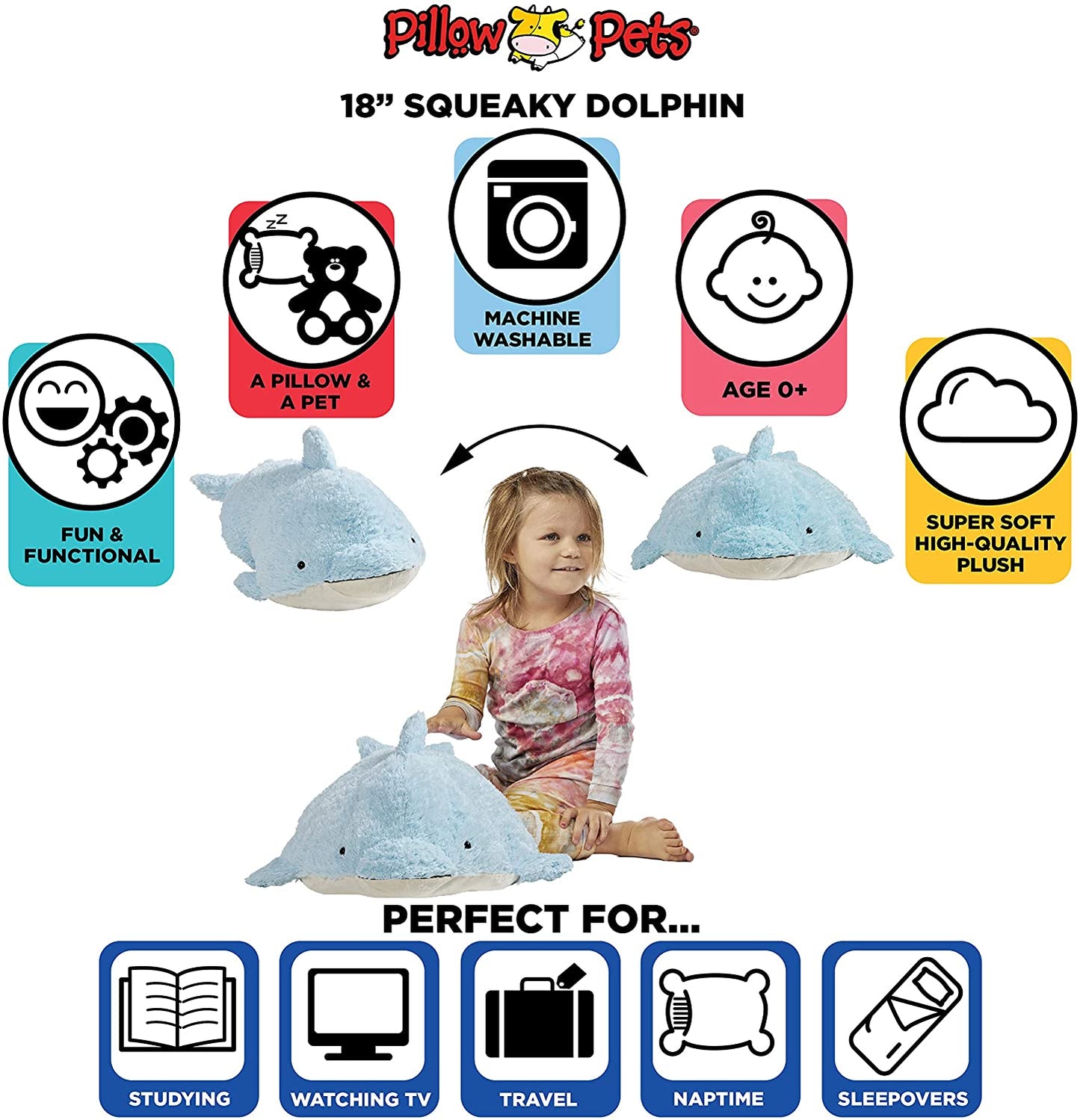 My Pillow Pet Dolphin - Large (Light Blue) Children, Kids, Game
