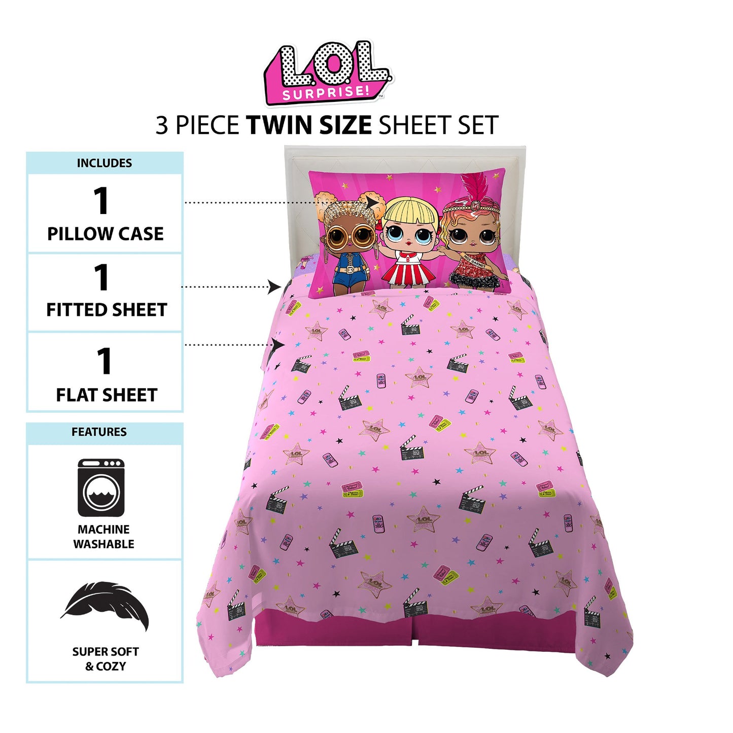 LOL Surprise Kids Twin Sheet Set, Purple and Pink, MGA
