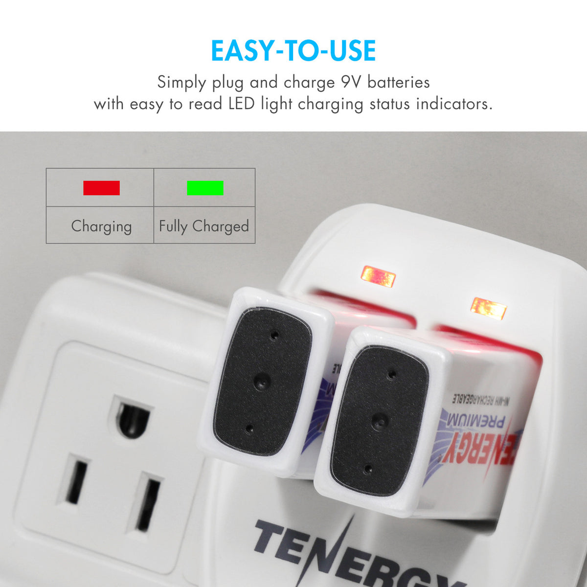 Charger plugged into a wall outlet charging two 9V batteries, red LEDs lit