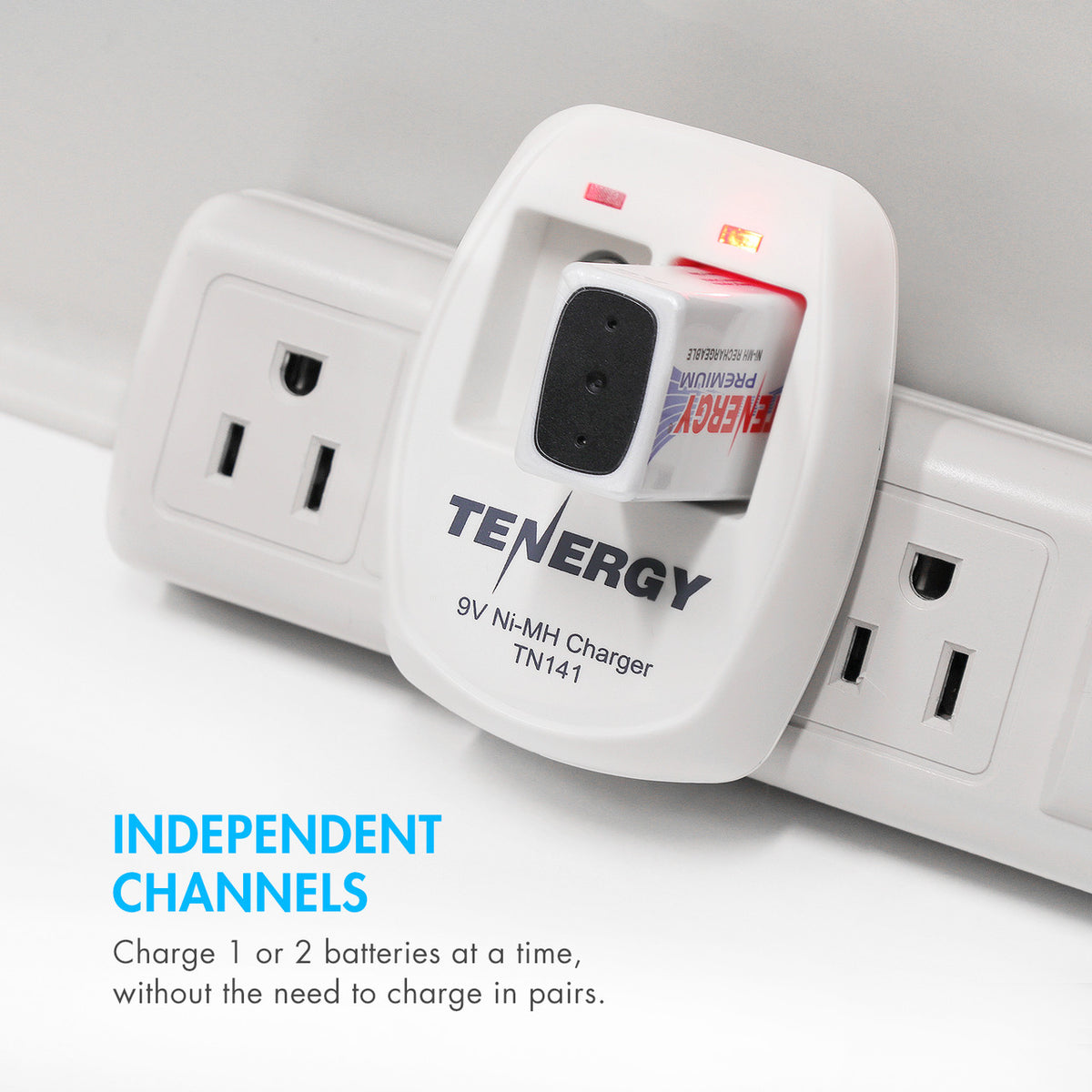 Plug-in charger on a power strip charging one 9V battery in its right bay