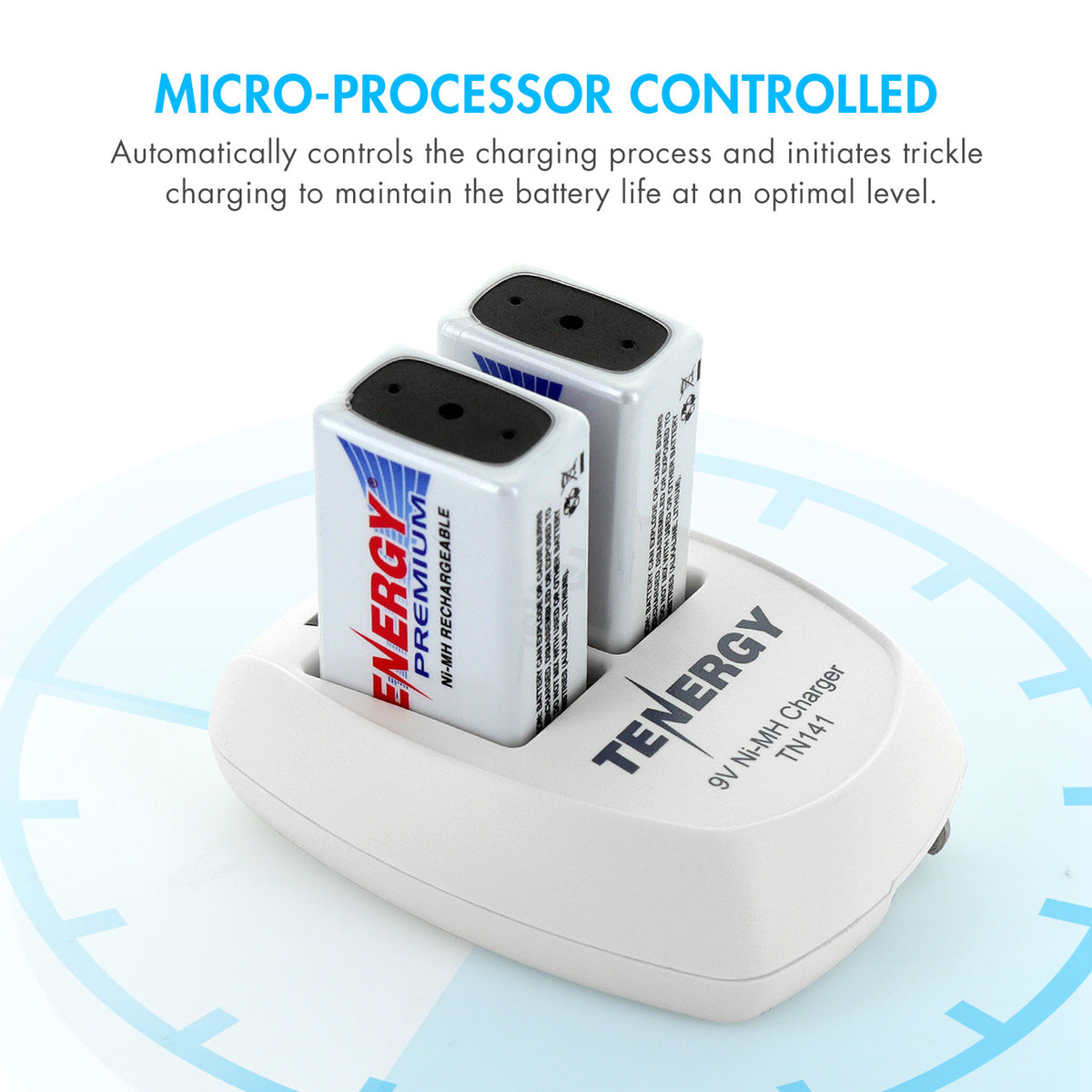 Two rechargeable 9V batteries standing in the white charger