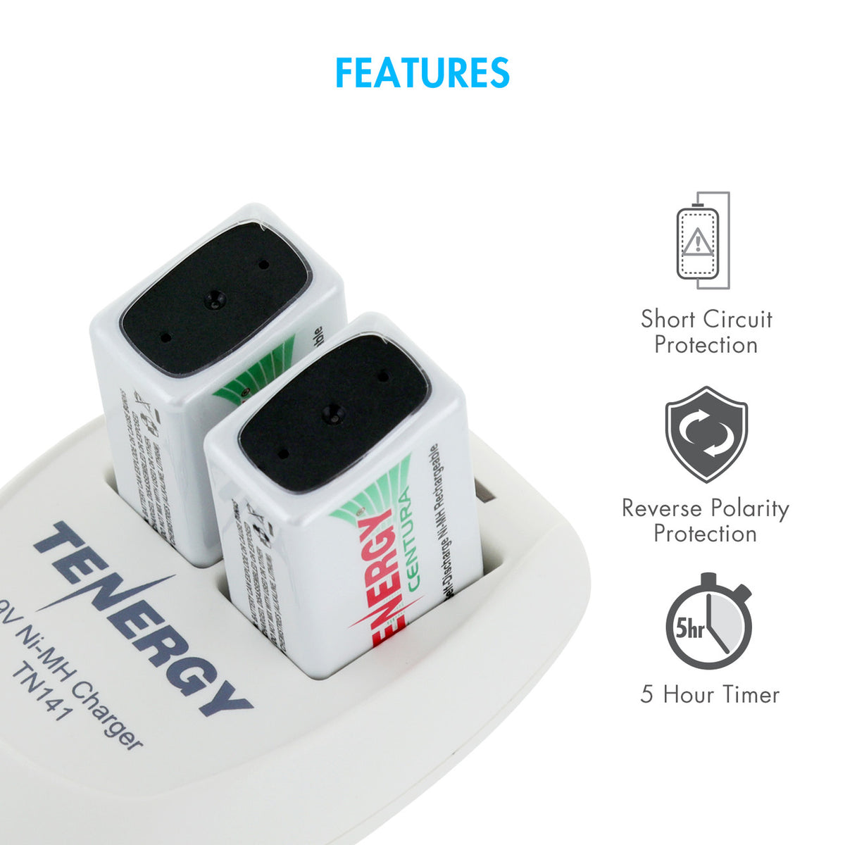 Two 9V batteries in the charger beside short circuit, polarity and 5 hour timer icons