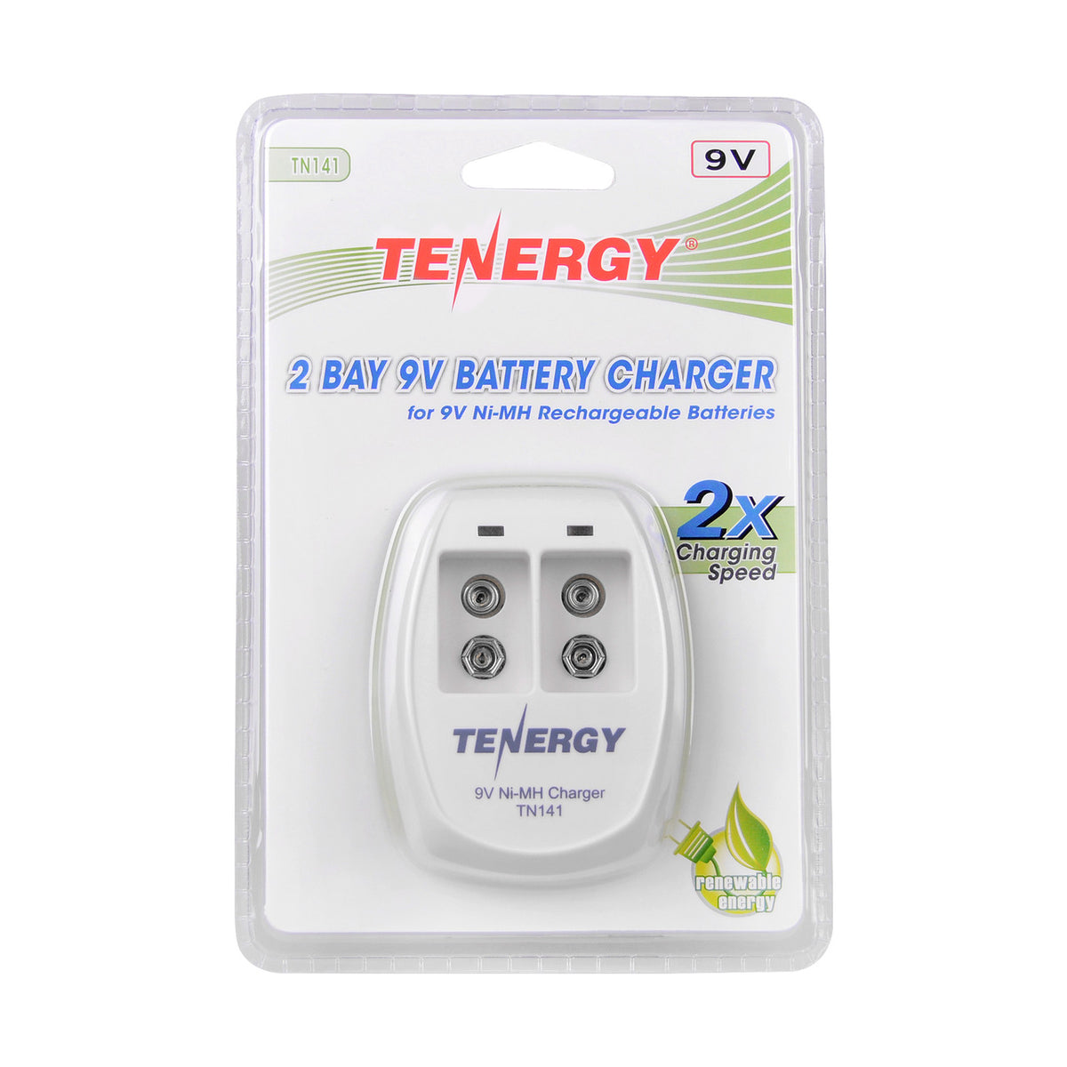Two-bay 9V battery charger in its retail blister pack, model TN141