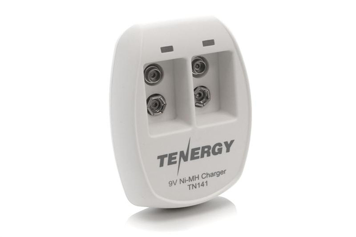 White wall-plug charger with two empty 9V battery bays and LED windows