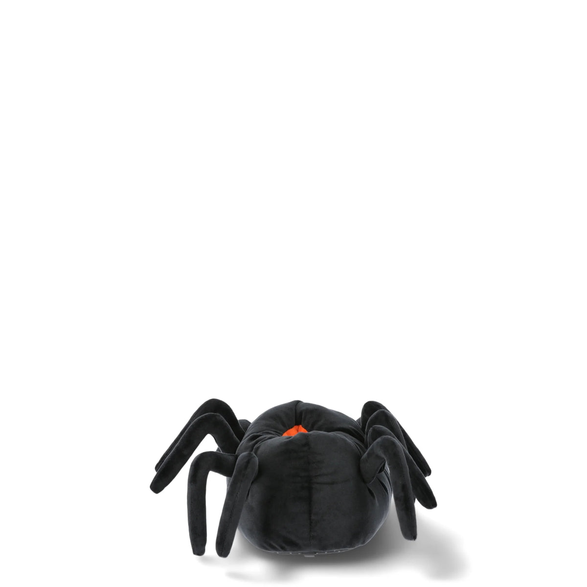 Back view of a black plush spider slipper with orange lining and bendy legs