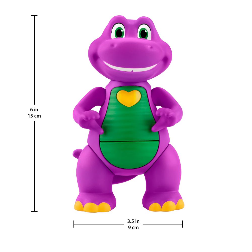 Barney figure front view with size marks: 6 inches tall, 3.5 inches wide
