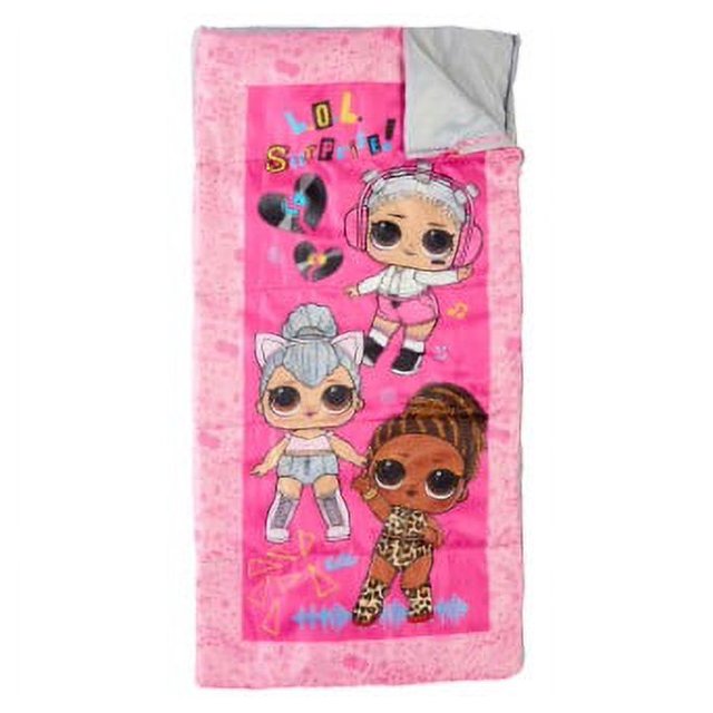 Pink doll print sleeping bag folded open to show the grey lining