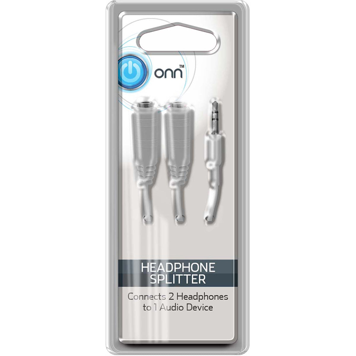 White headphone splitter with two 3.5mm sockets and one plug in a silver blister pack
