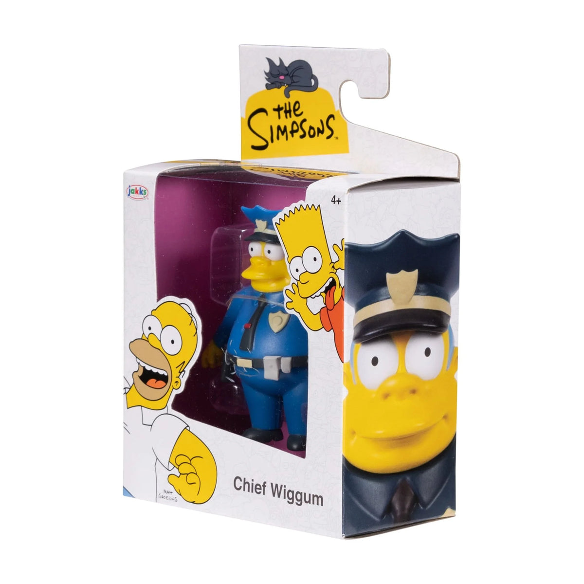 Angled view of the boxed police chief figure with a large printed face on the box side