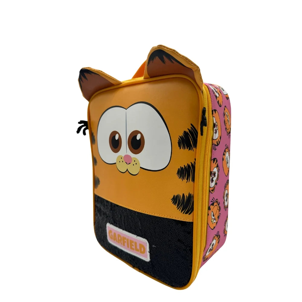 Other side of the cat lunch bag showing pink cartoon-cat print gusset