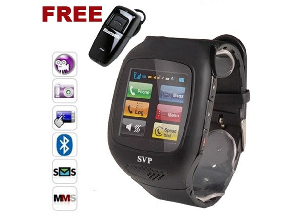 Black watch phone beside feature icons and a Bluetooth earpiece marked free