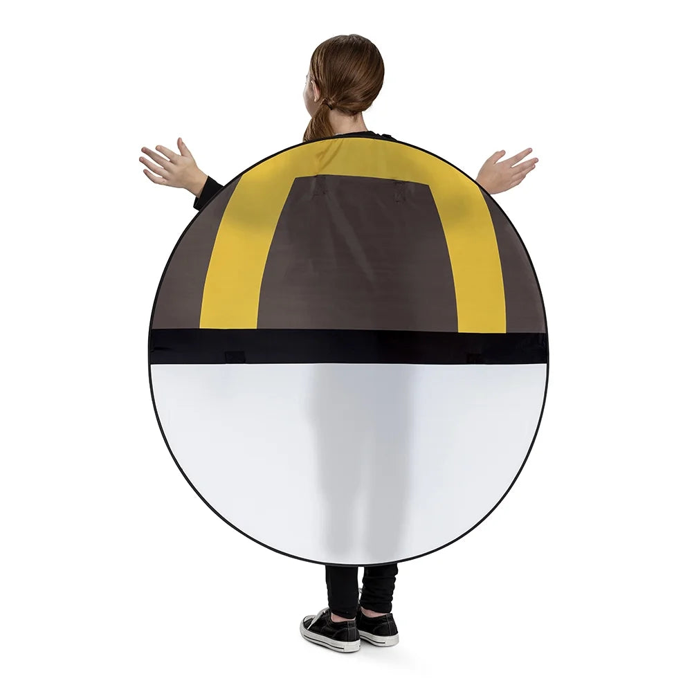 Back view of the yellow, dark grey and white round pop-out ball costume
