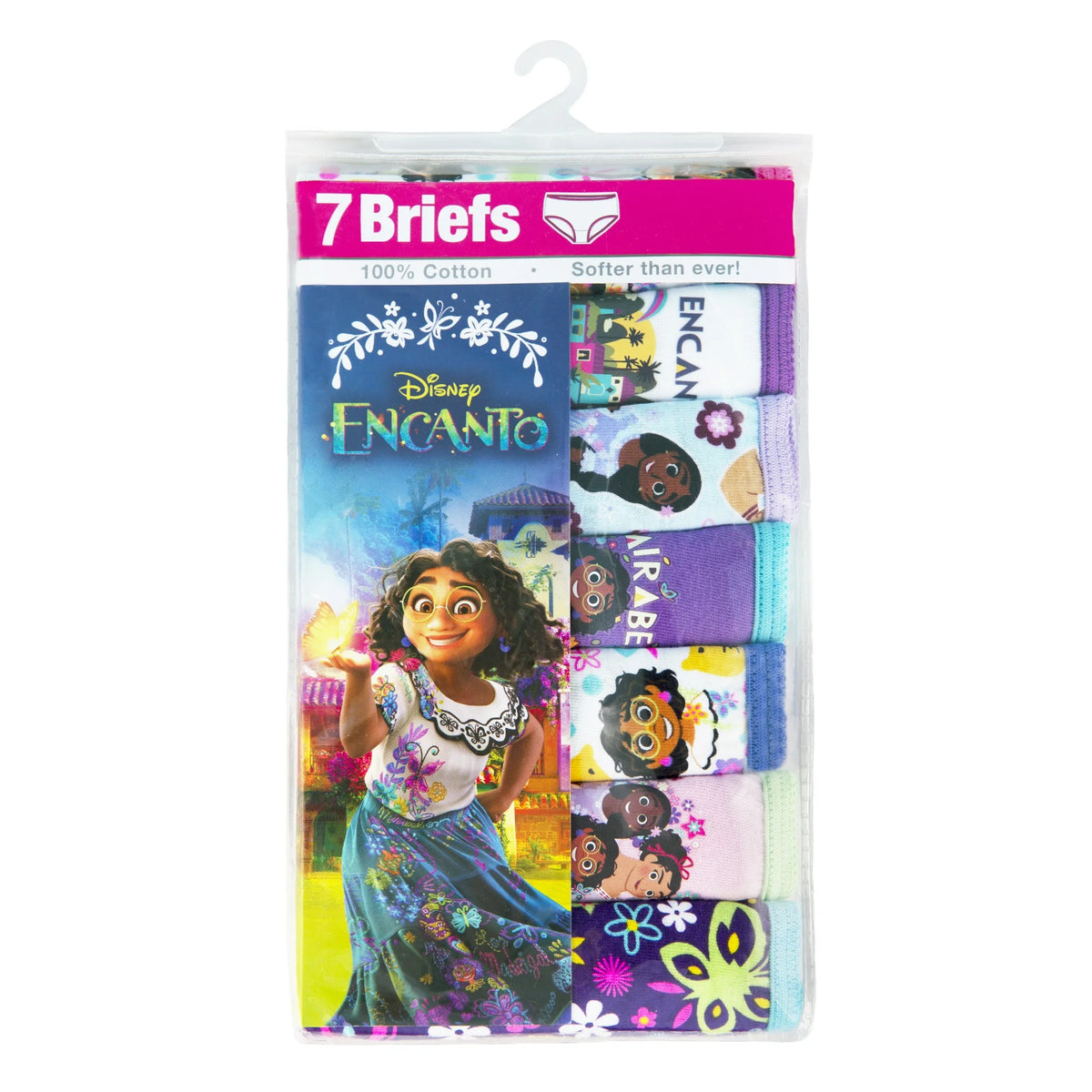 Hanging pack of 7 cotton briefs in character, purple and butterfly prints