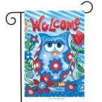 Blue striped garden flag with a cartoon blue owl, red flowers and Welcome