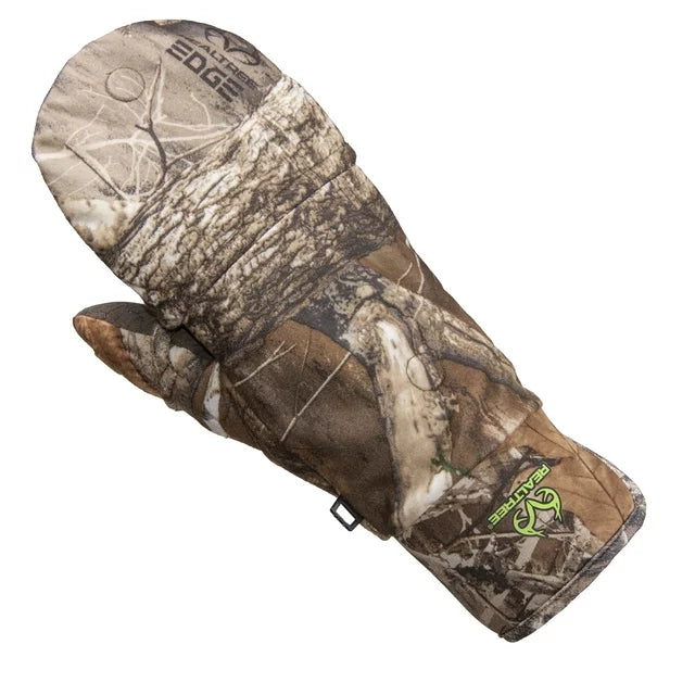 Camo flip-top mitten with the cover closed over the fingers