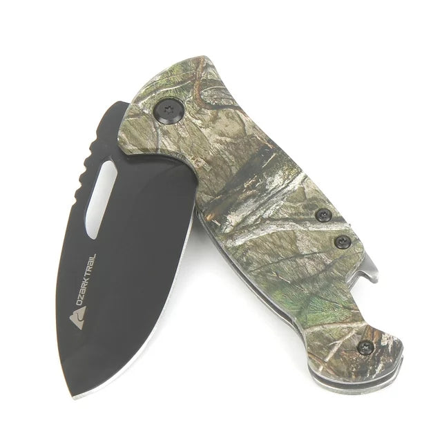 Camo folding knife half open with its black blade below the handle