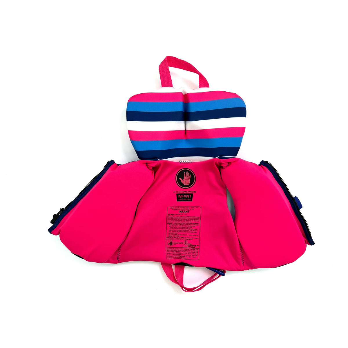 Opened infant life vest showing the pink lining and USCG approval label
