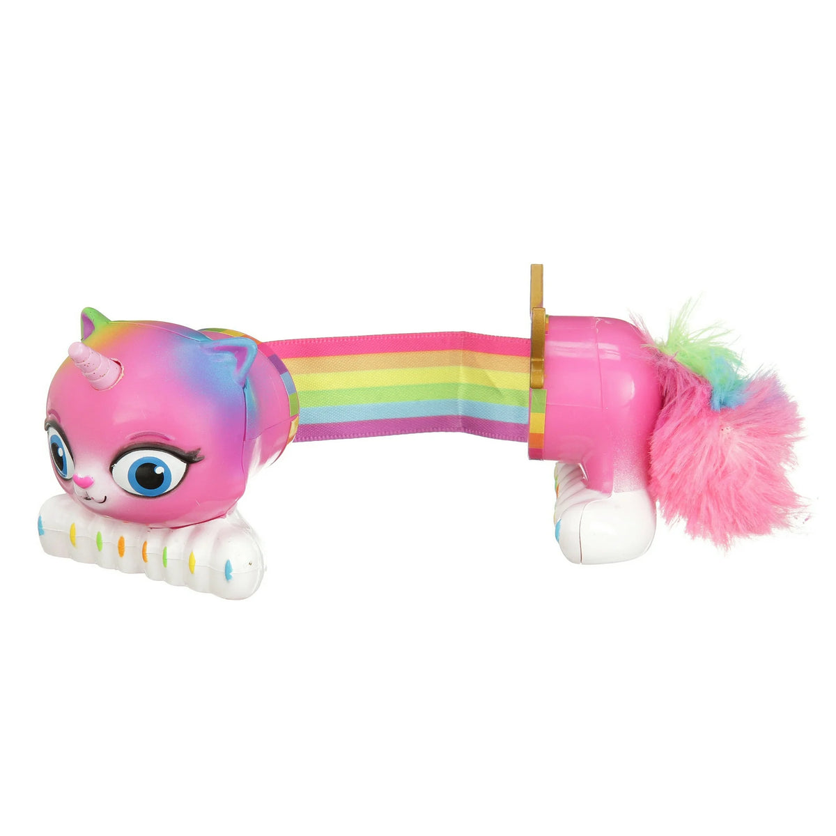 Unicorn kitty figure stretched out with a rainbow ribbon body between head and tail