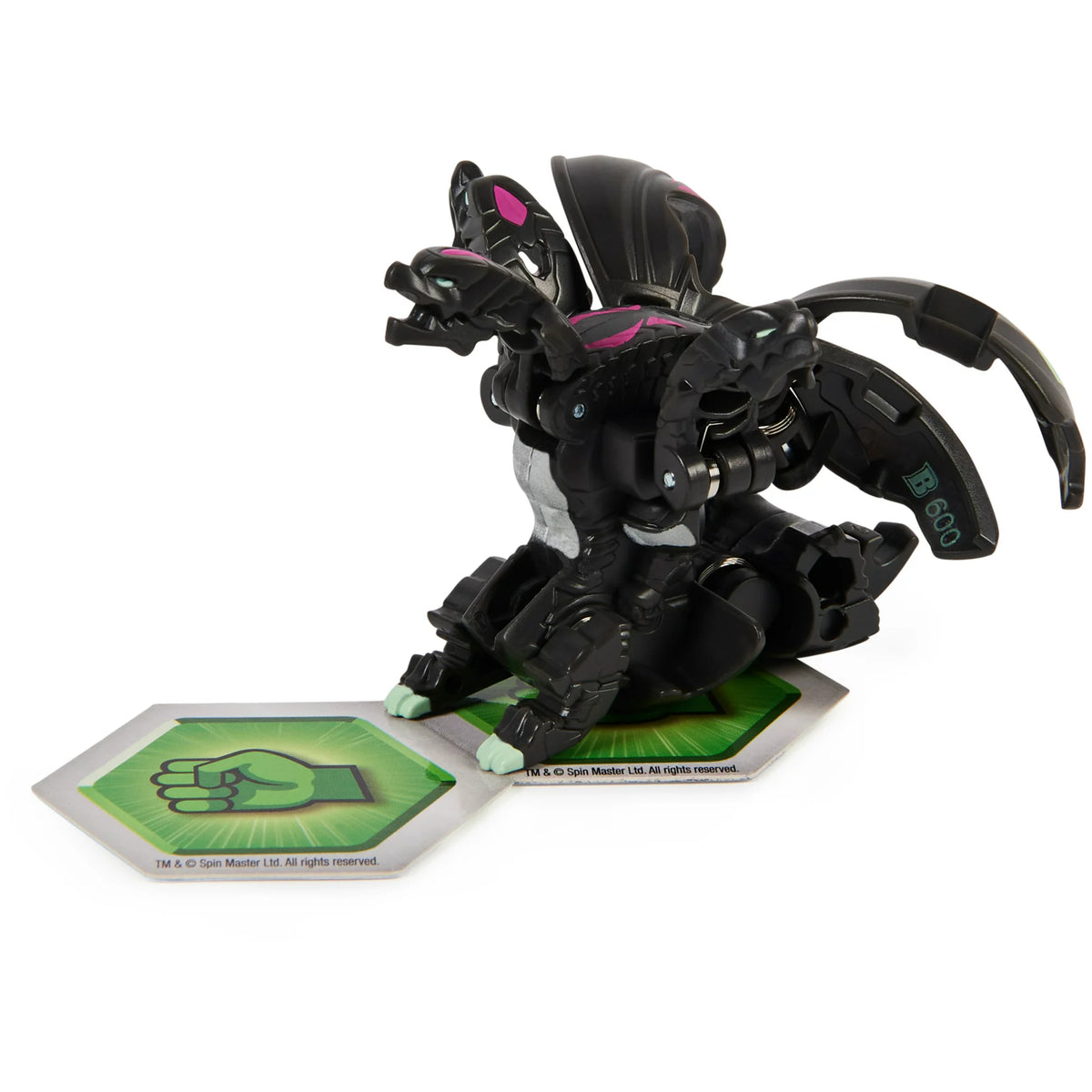 Opened black three-headed dragon Bakugan standing on hex tokens