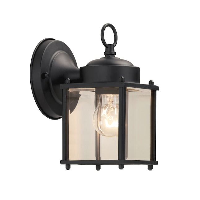 Black outdoor lantern wall light with a top ring and beveled glass panels