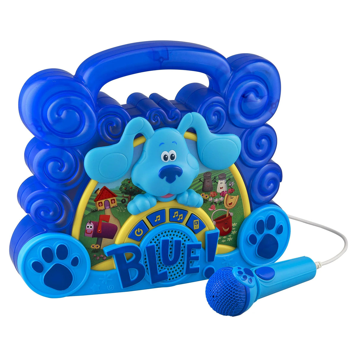 Close-up of the blue puppy boombox with music buttons, speaker grille and microphone