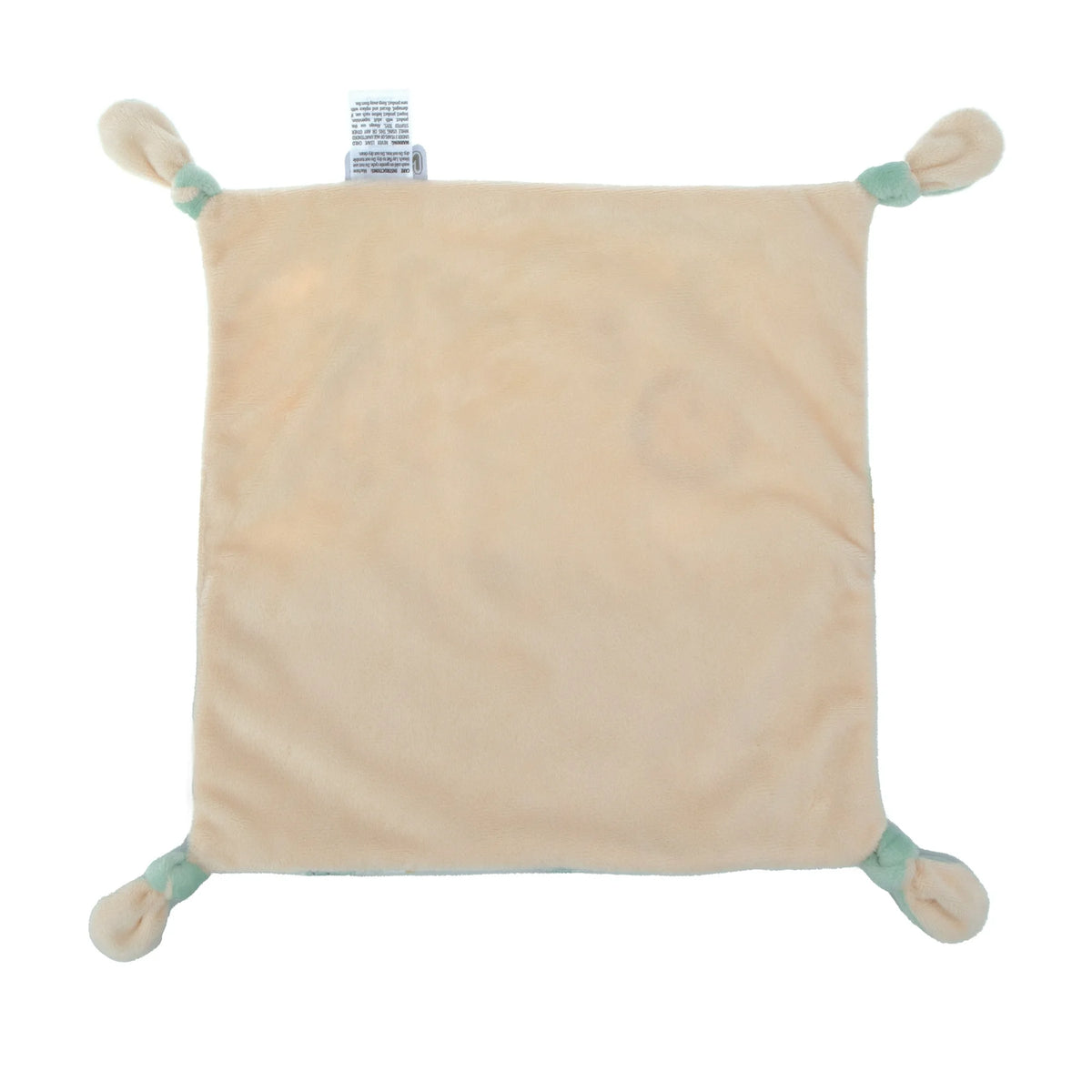 Soft tan back of the lovey blanket with mint knotted corners and care label