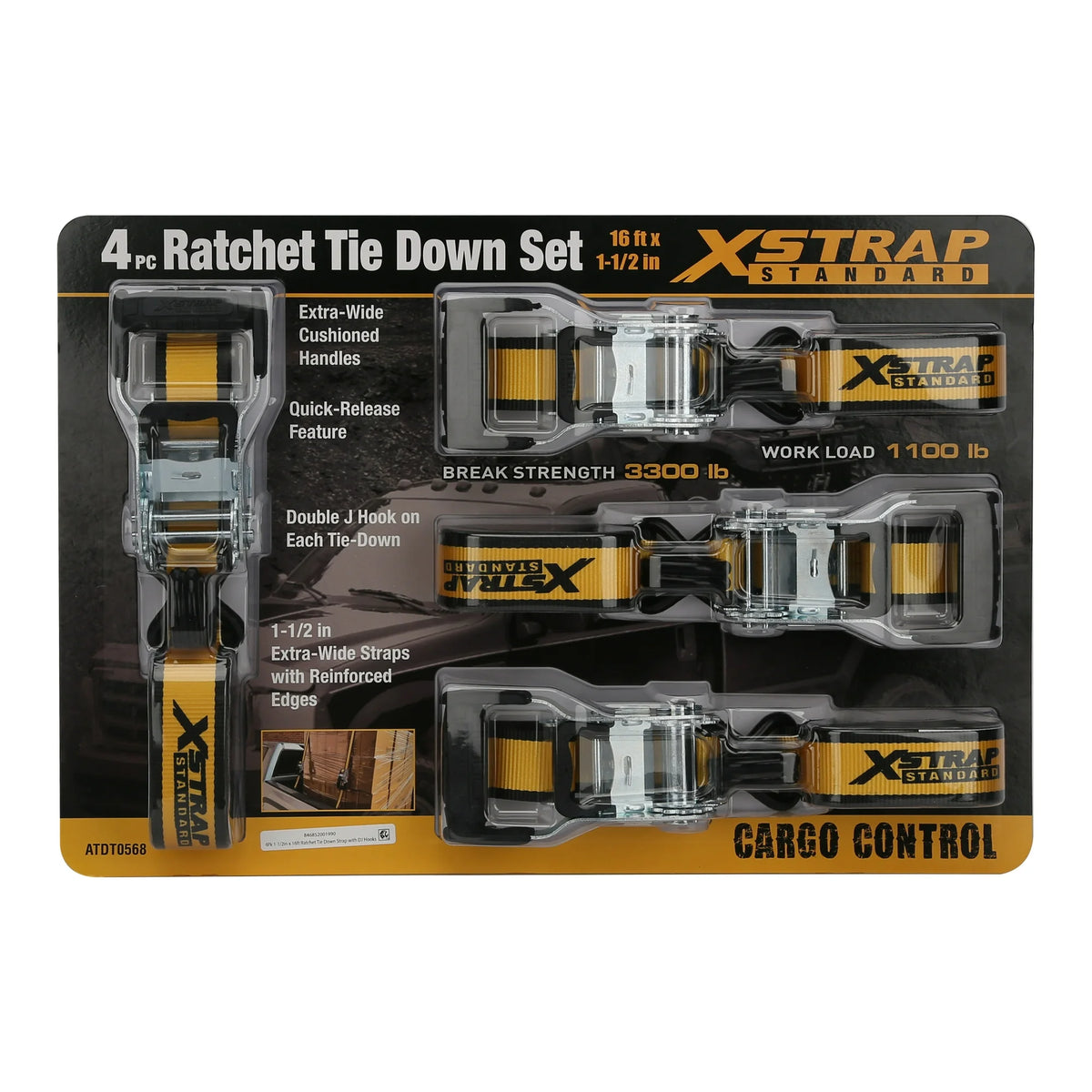 Xstrap 1.5" x 16' Ratchet Tie-Downs with Double J Hooks, 1,100 lb Work Load, 4 Pack