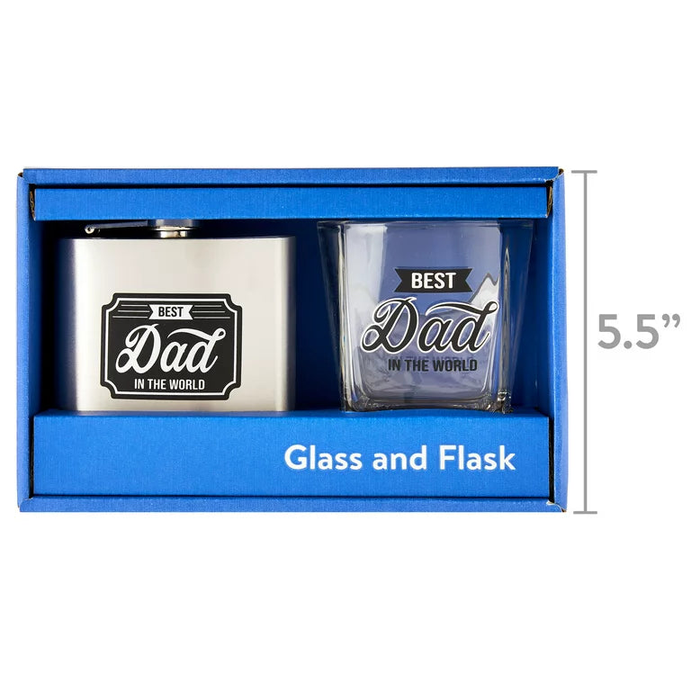 Glass and flask gift box shown 5.5 inches tall