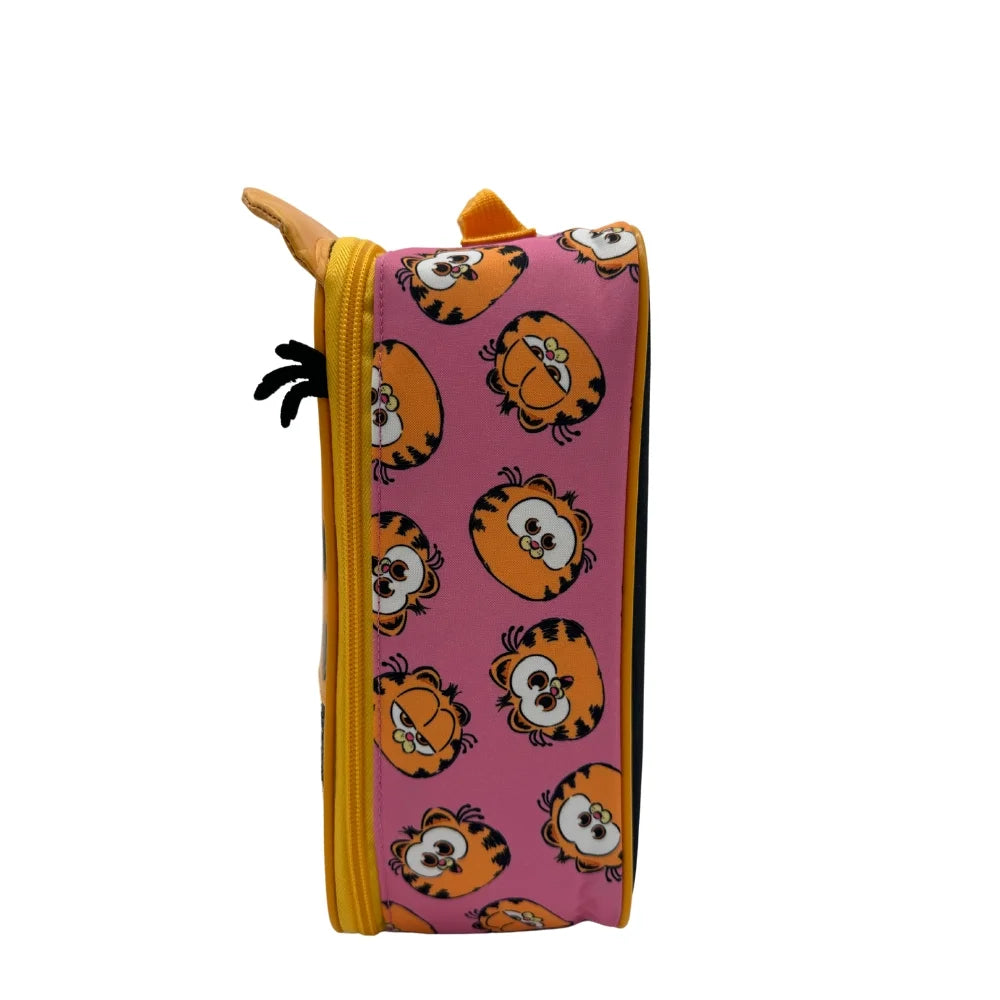 Side gusset of the lunch bag covered in orange cartoon cat faces on pink