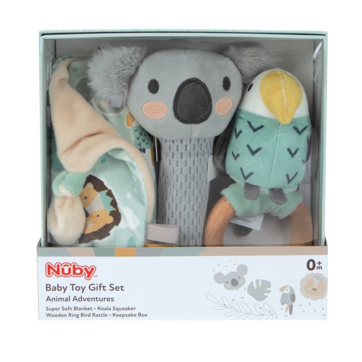 Boxed baby gift set with a lovey blanket, grey koala squeaker and teal bird rattle