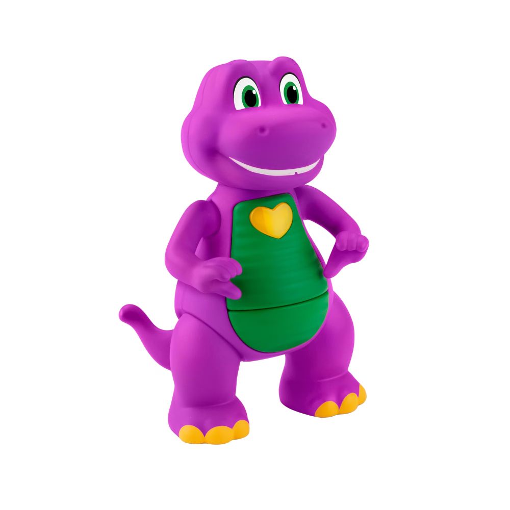 Purple Barney figure with green belly and yellow heart, standing, side view