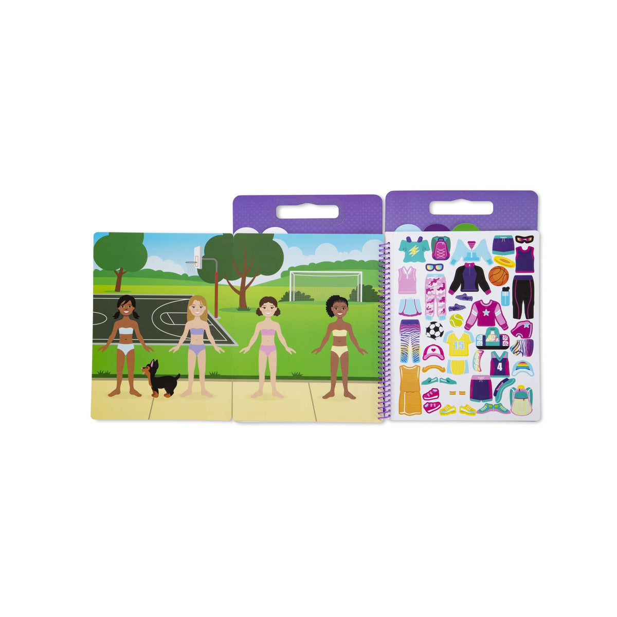 Park scene with four figures and a dog beside a sheet of sports outfit stickers