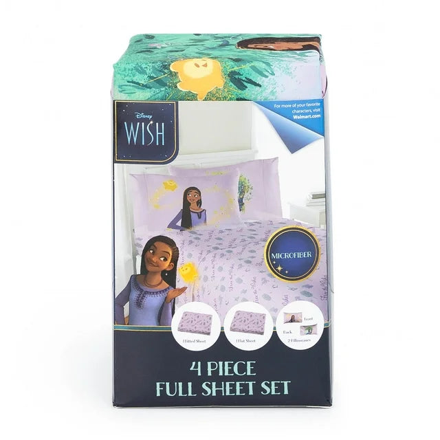 Front of the 4 piece full sheet set package with Asha and a microfiber badge