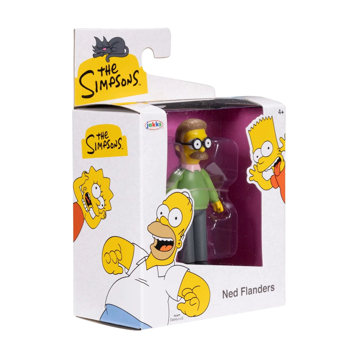 Boxed cartoon neighbour figure with round glasses, moustache and green sweater