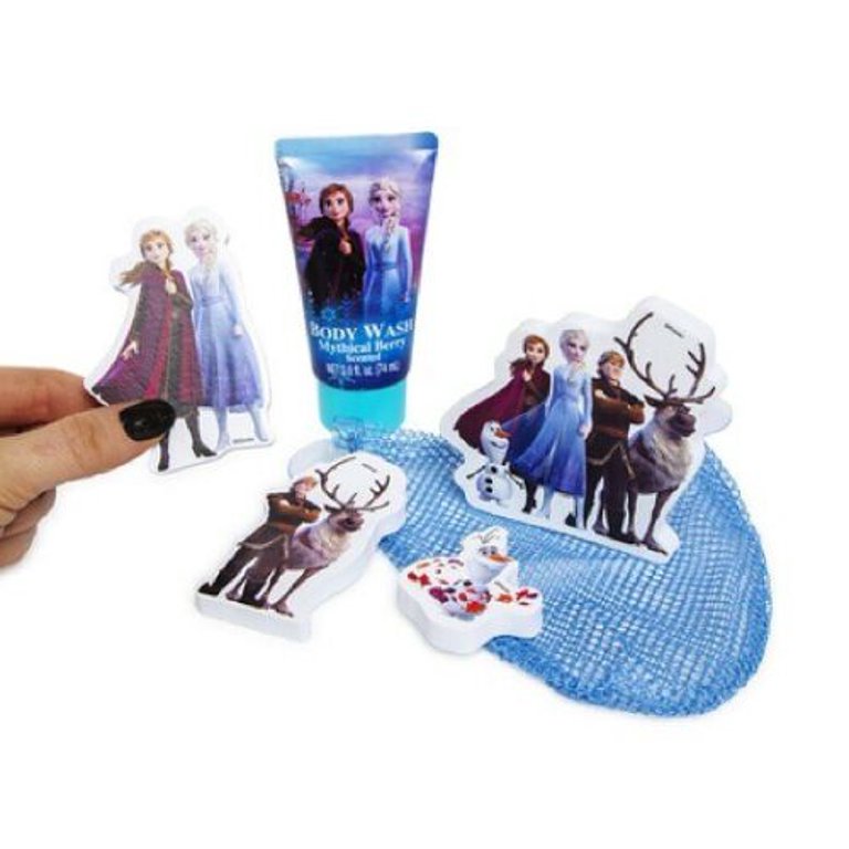 Frozen II foam bath decals, body wash tube and blue mesh storage bag
